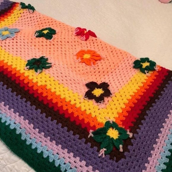 Rainbow 3D Flowers Crochet Throw Afghan Blanket - Picture 3 of 10